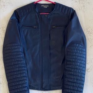 Vince Collarless Navy Moto Leather Jacket